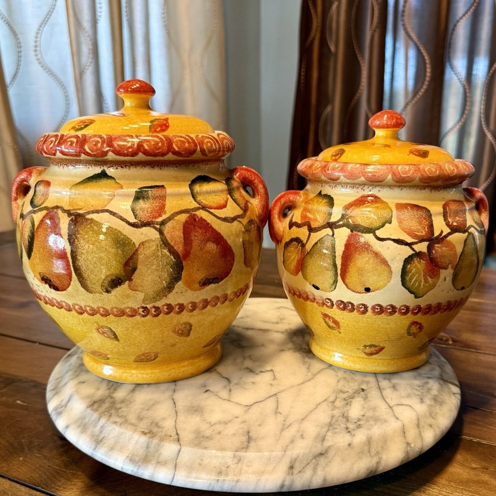 2pc VTG 90s Williams-Sonoma Tuscan Pear Kitchen Canister Set Hand Painted Italy